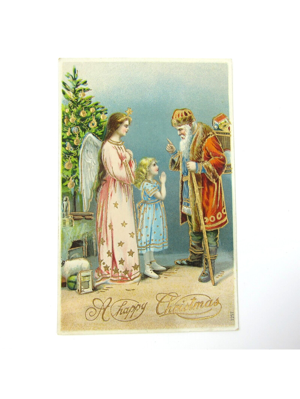Vintage Christmas Postcard Old World Santa Angel & Girl Gold Embossed Antique